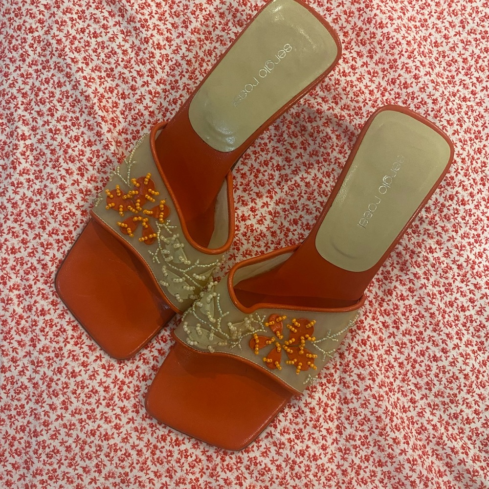 Sergio Rossi Beaded Orange Slide Sandals